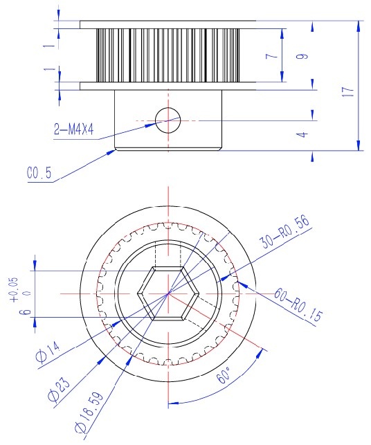 76451H-30 Tooth-GT2-Timing-Belt-6mm-Hex-Shaft-Pulley-CAD Drawing